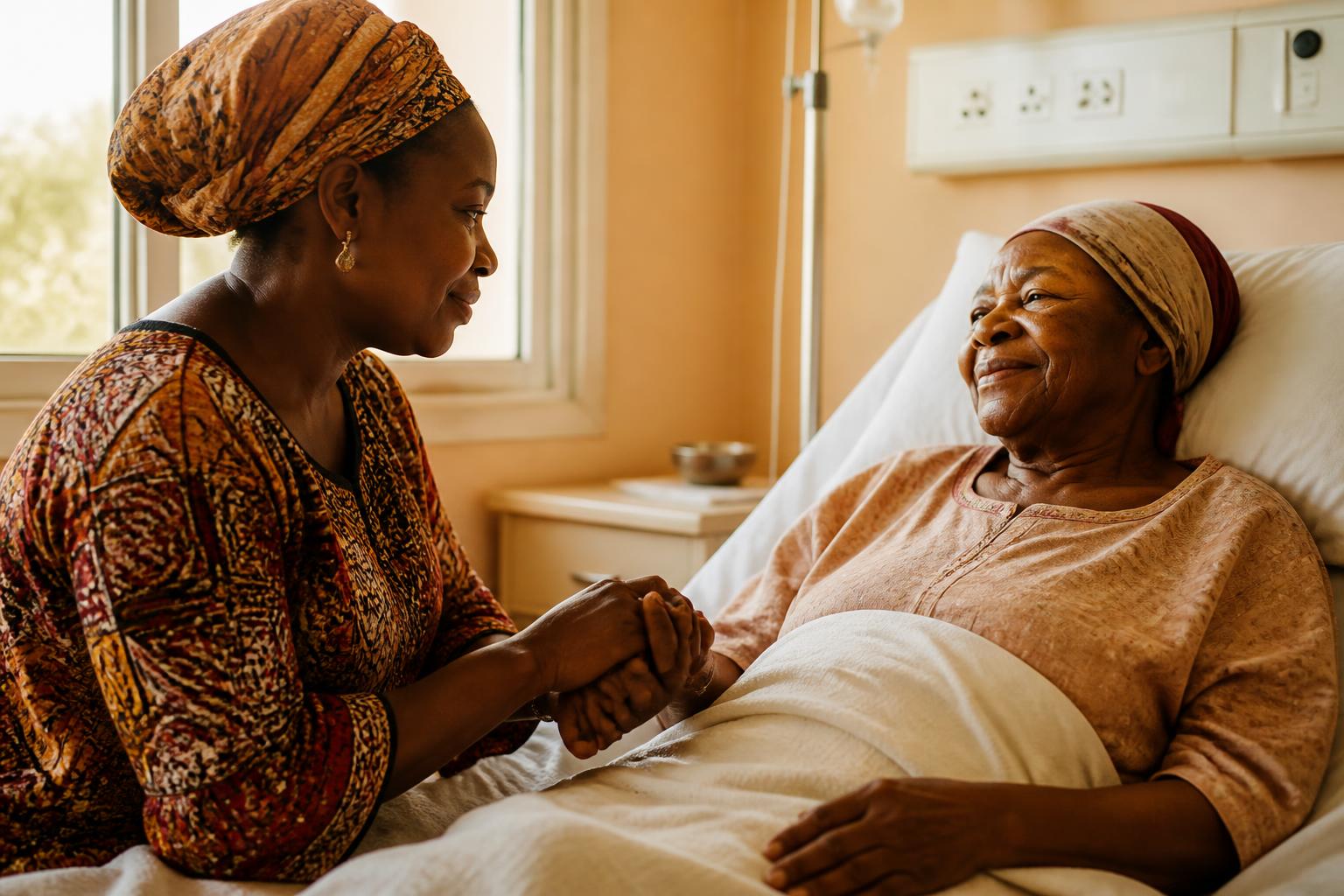 A daughter holding her mother's hand in a hospital room